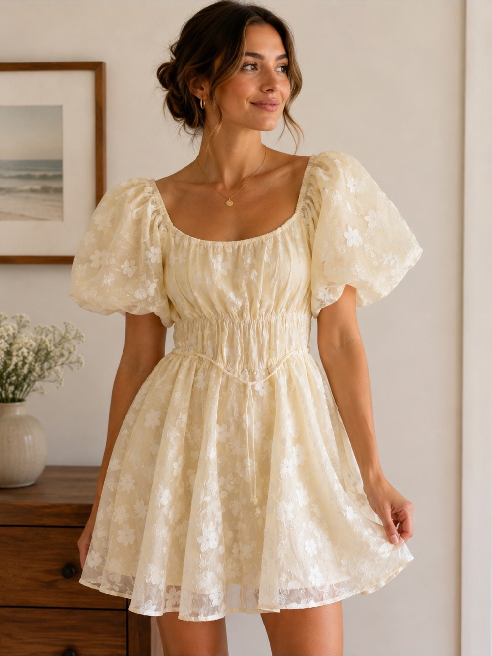 &Merci Romantic Cream Puff-Sleeve Lace Mini Dress - Picture 1 of 4